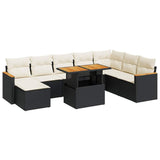 9 Piece Garden Sofa Set with Cushions Black Poly Rattan Acacia