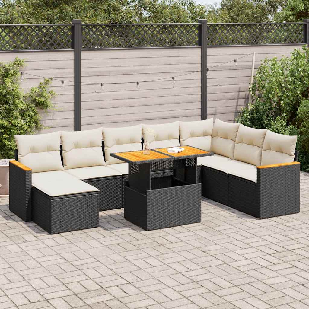 9 Piece Garden Sofa Set with Cushions Black Poly Rattan Acacia