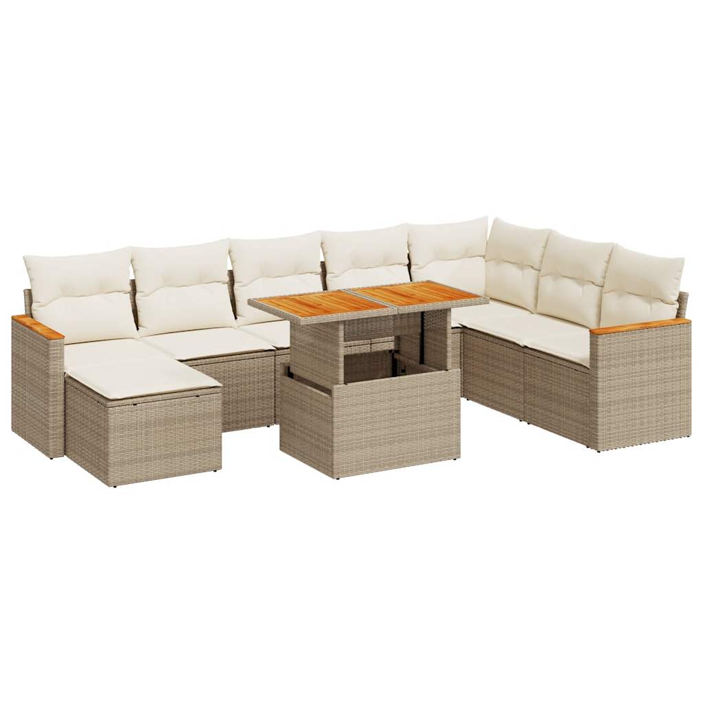 9 Piece Garden Sofa Set with Cushions Beige Poly Rattan Acacia