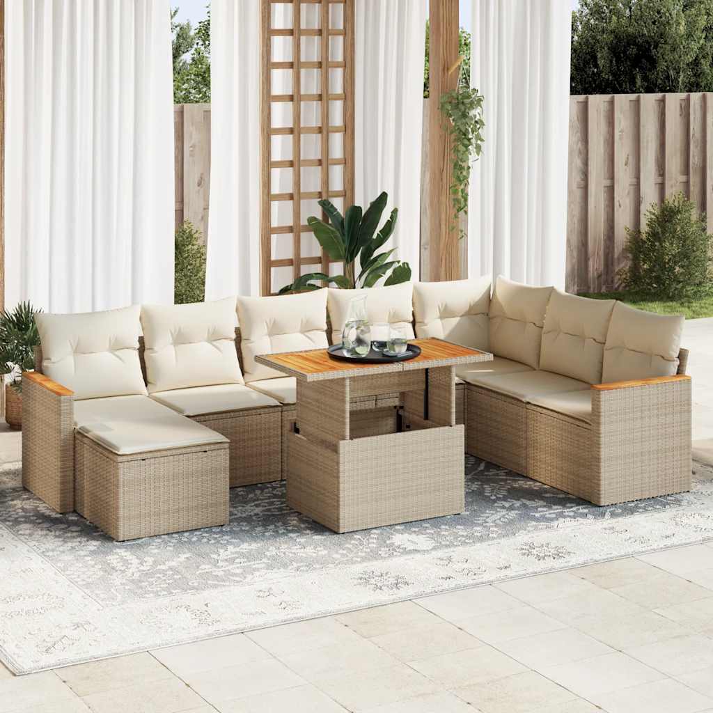 9 Piece Garden Sofa Set with Cushions Beige Poly Rattan Acacia