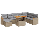 9 Piece Garden Sofa Set with Cushions Beige Poly Rattan Acacia