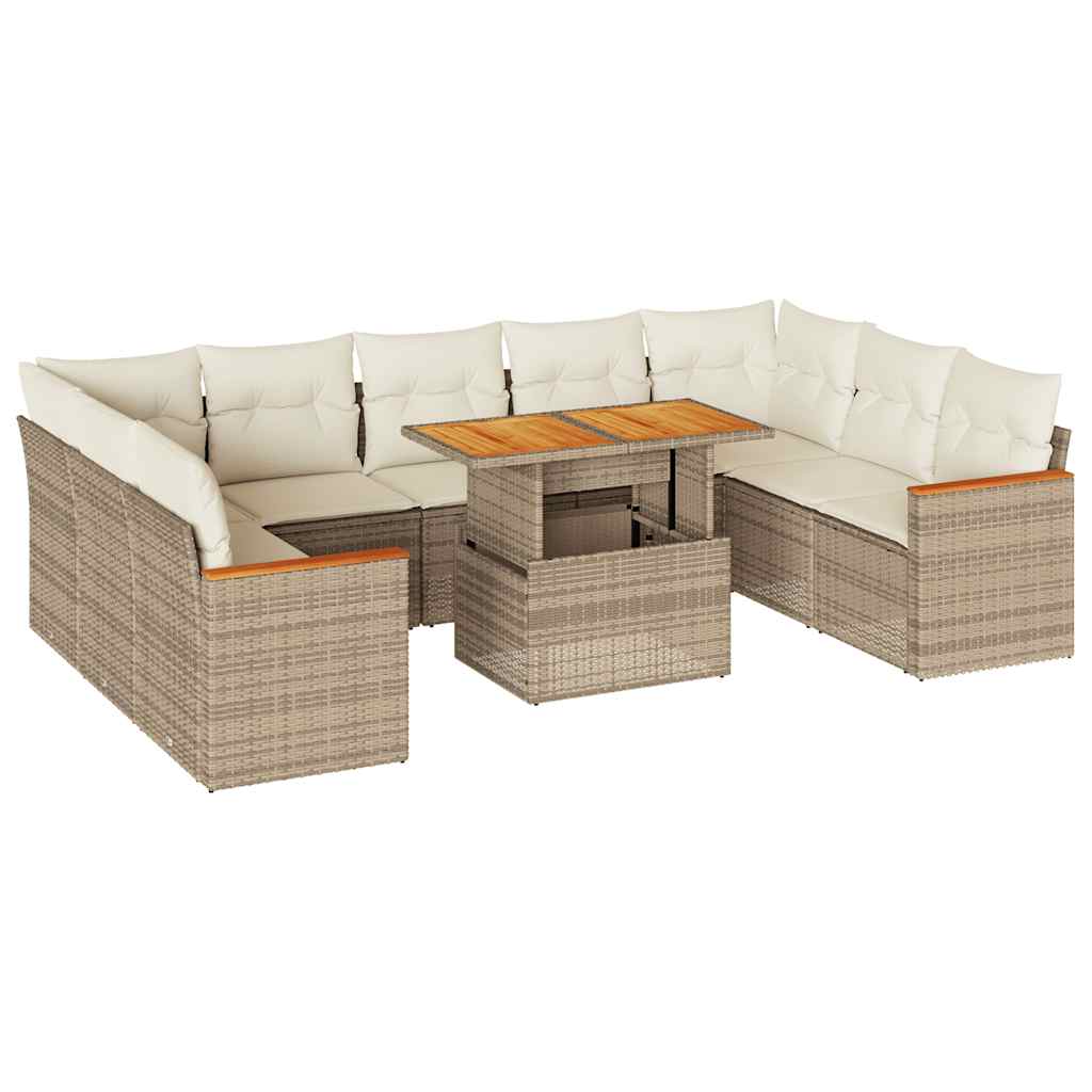 10 Piece Garden Sofa Set with Cushions Beige Poly Rattan Acacia