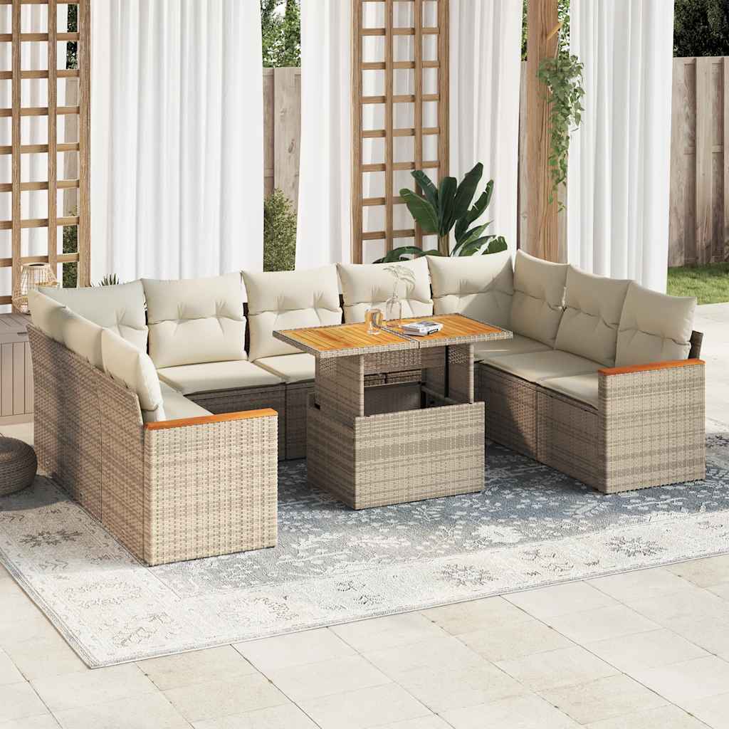 10 Piece Garden Sofa Set with Cushions Beige Poly Rattan Acacia