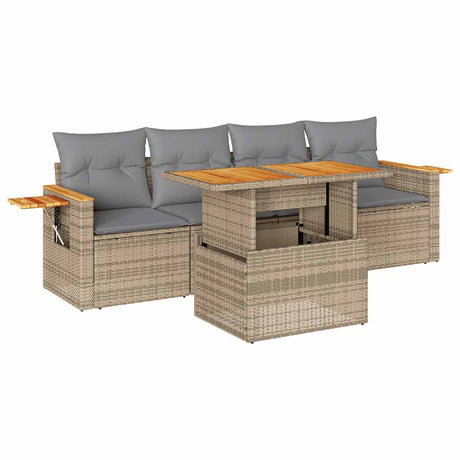 5 Piece Garden Sofa Set with Cushions Beige Poly Rattan Acacia