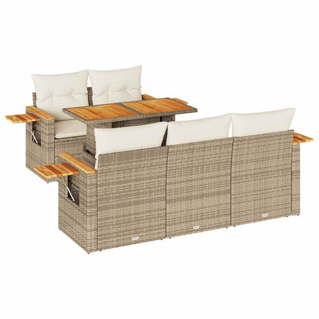 6 Piece Garden Sofa Set with Cushions Beige Poly Rattan Acacia