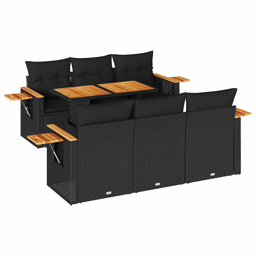 7 Piece Garden Sofa Set with Cushions Black Poly Rattan Acacia