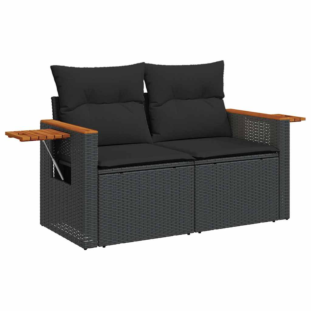 7 Piece Garden Sofa Set with Cushions Black Poly Rattan Acacia