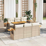 7 Piece Garden Sofa Set with Cushions Beige Poly Rattan Acacia