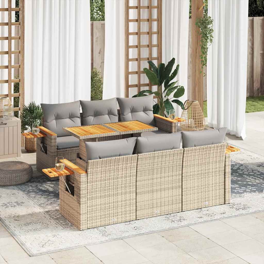 7 Piece Garden Sofa Set with Cushions Beige Poly Rattan Acacia