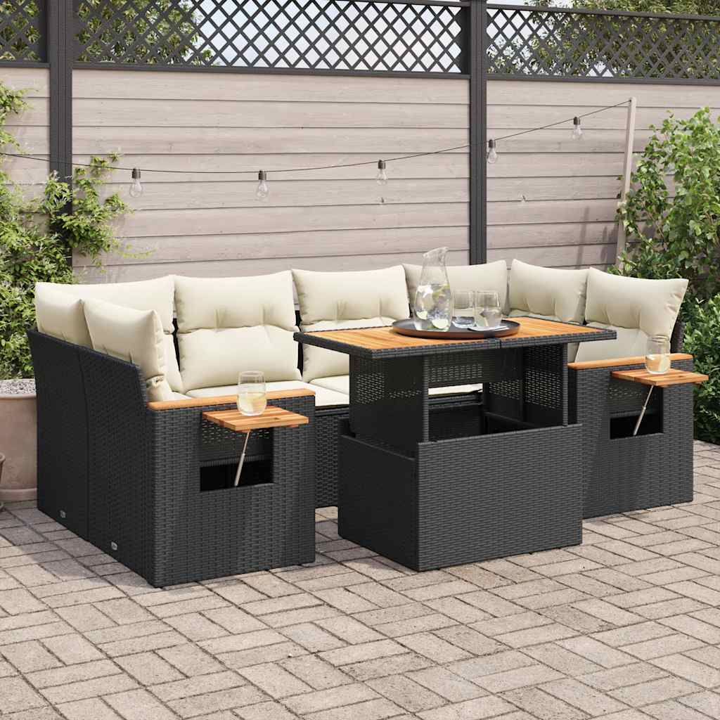 7 Piece Garden Sofa Set with Cushions Black Poly Rattan Acacia