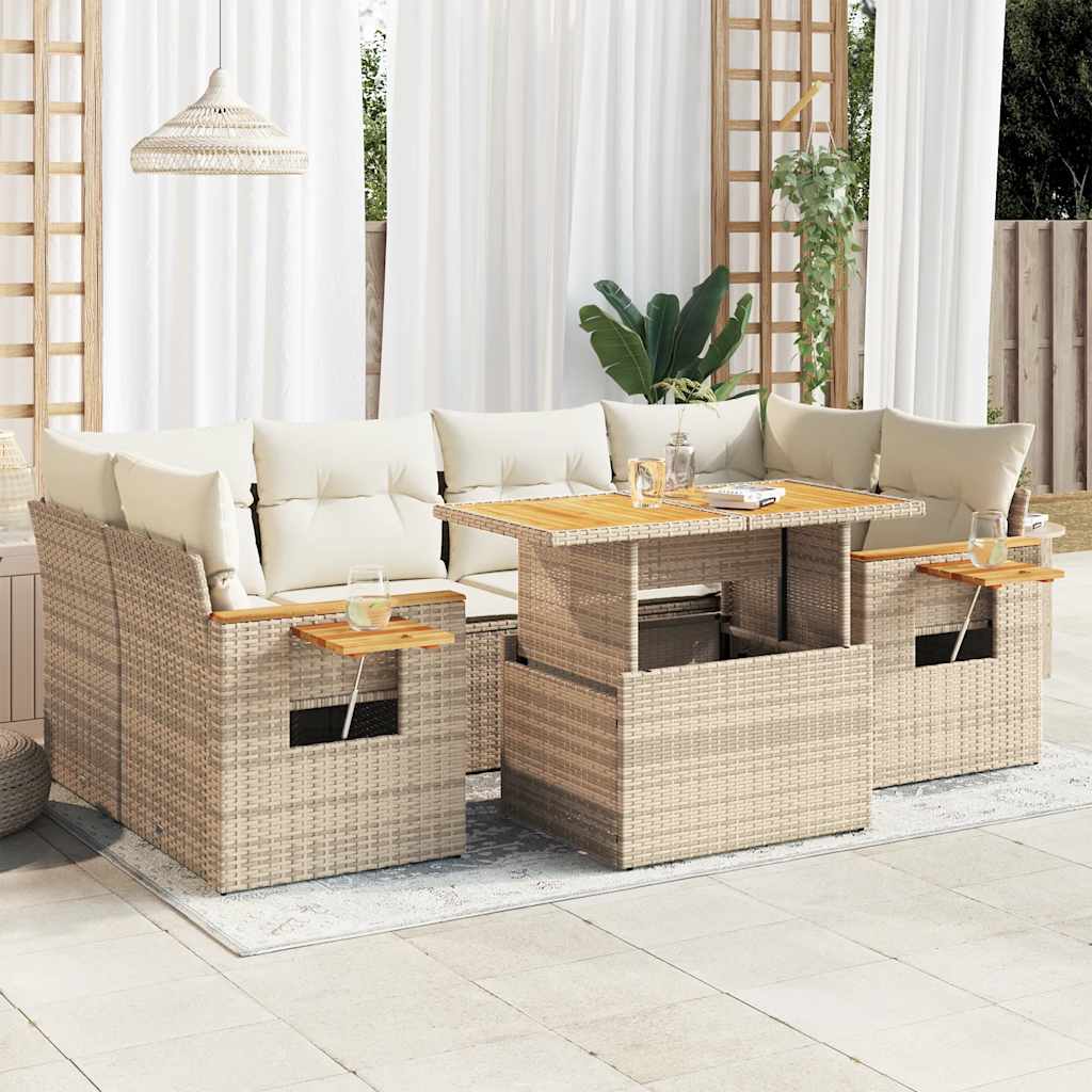 7 Piece Garden Sofa Set with Cushions Beige Poly Rattan Acacia