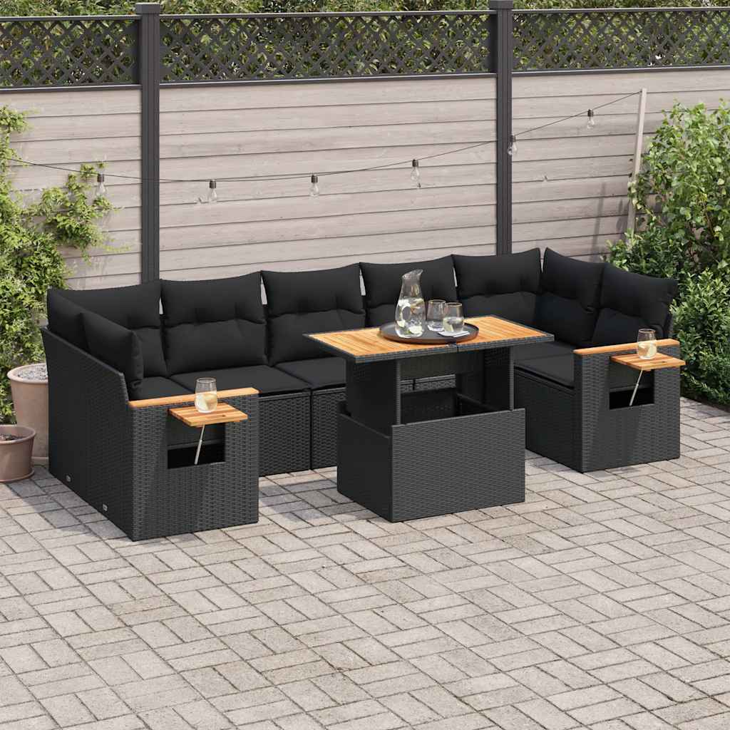 8 Piece Garden Sofa Set with Cushions Black Poly Rattan Acacia