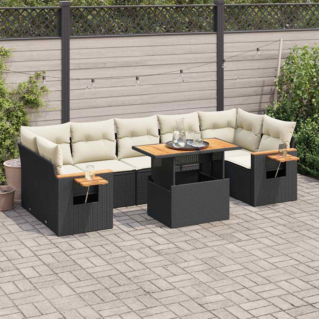 8 Piece Garden Sofa Set with Cushions Black Poly Rattan Acacia