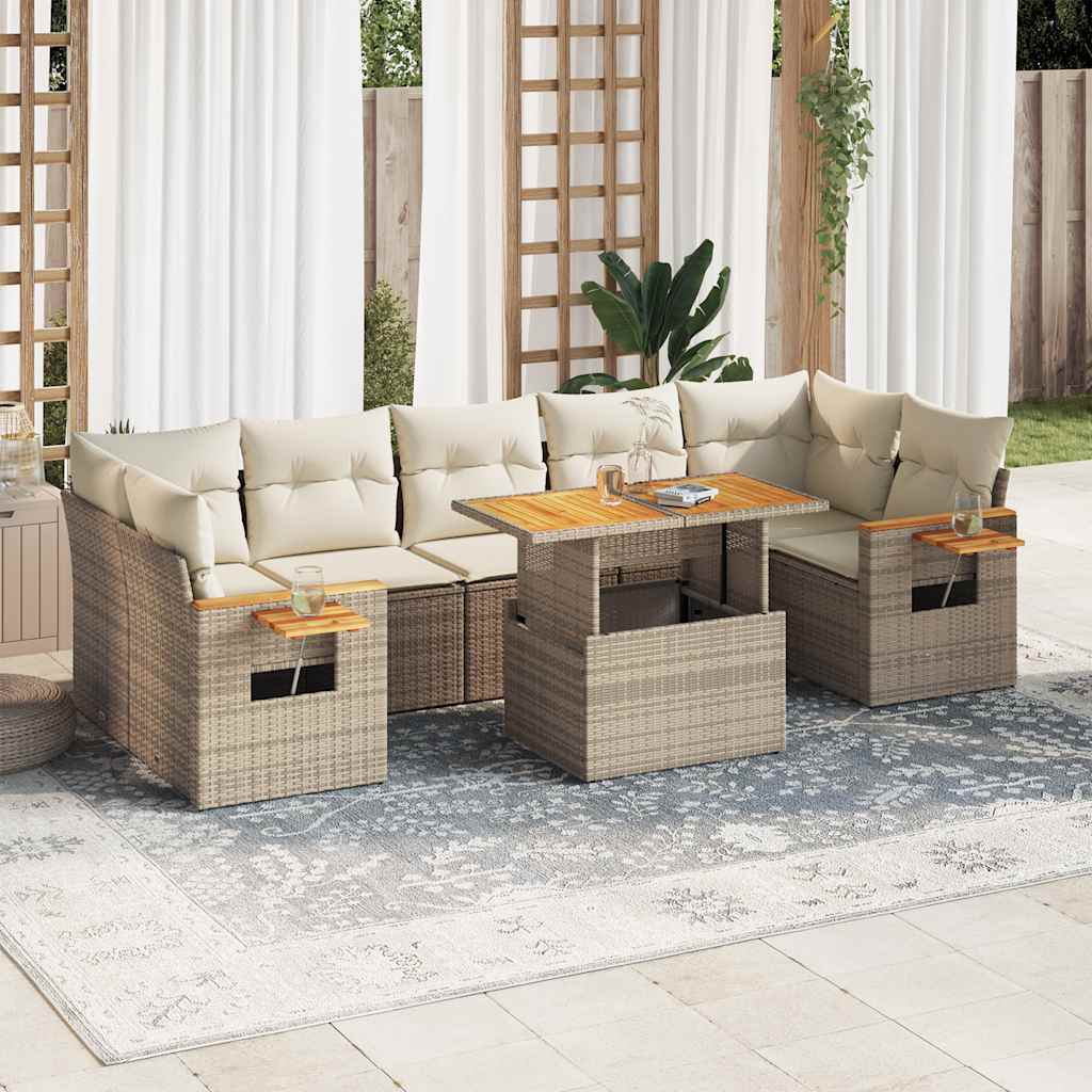 8 Piece Garden Sofa Set with Cushions Beige Poly Rattan Acacia