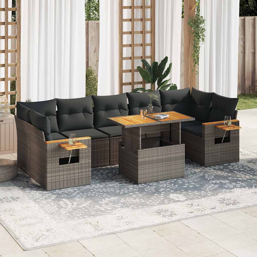 8 Piece Garden Sofa Set with Cushions Grey Poly Rattan Acacia