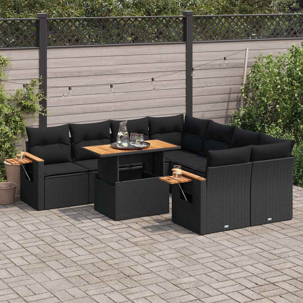 9 Piece Garden Sofa Set with Cushions Black Poly Rattan Acacia