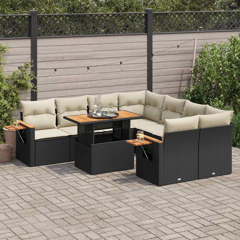 9 Piece Garden Sofa Set with Cushions Black Poly Rattan Acacia