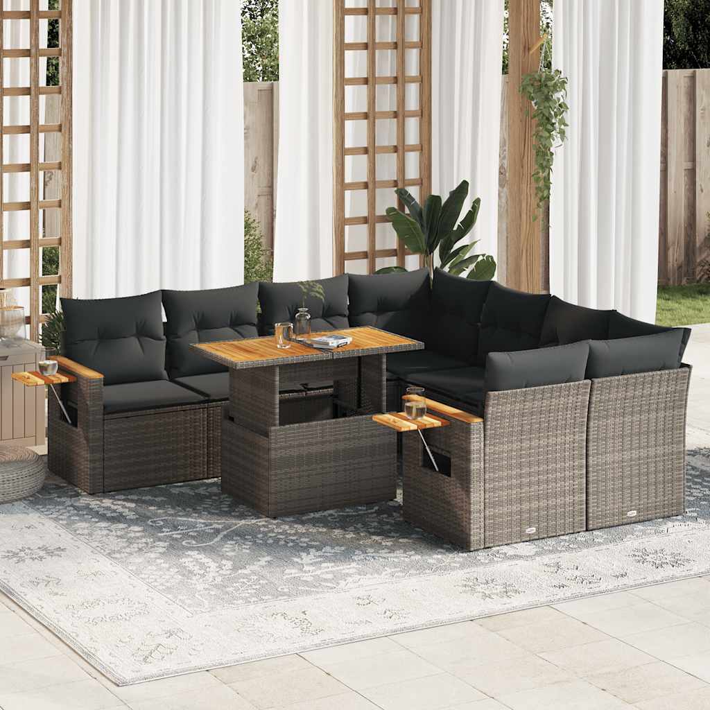 9 Piece Garden Sofa Set with Cushions Grey Poly Rattan Acacia