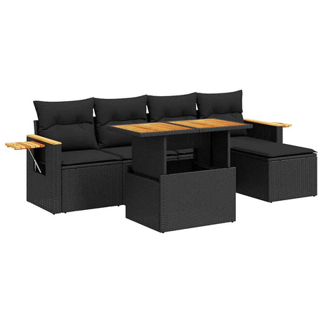 6 Piece Garden Sofa Set with Cushions Black Poly Rattan Acacia