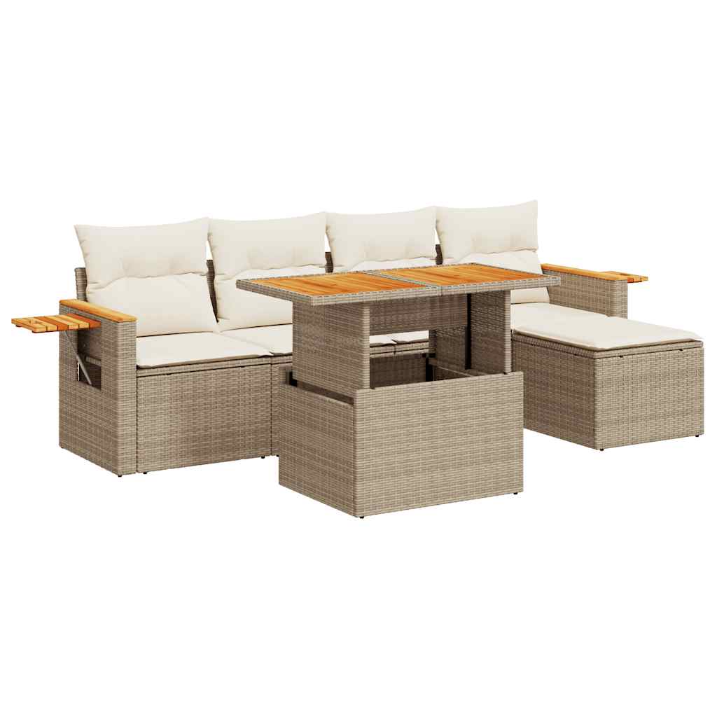 6 Piece Garden Sofa Set with Cushions Beige Poly Rattan Acacia