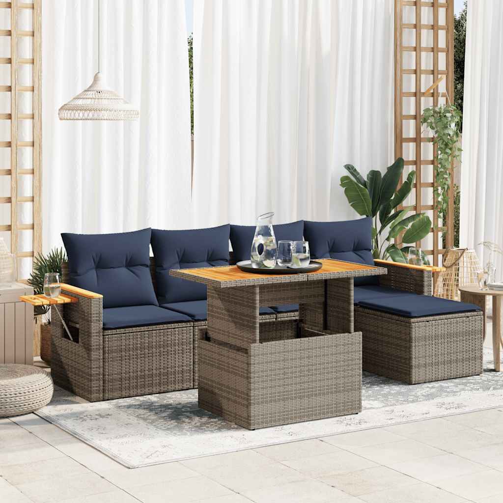 6 Piece Garden Sofa Set with Cushions Grey Poly Rattan Acacia