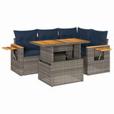 5 Piece Garden Sofa Set with Cushions Grey Poly Rattan Acacia