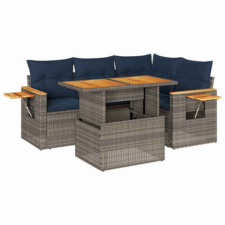5 Piece Garden Sofa Set with Cushions Grey Poly Rattan Acacia