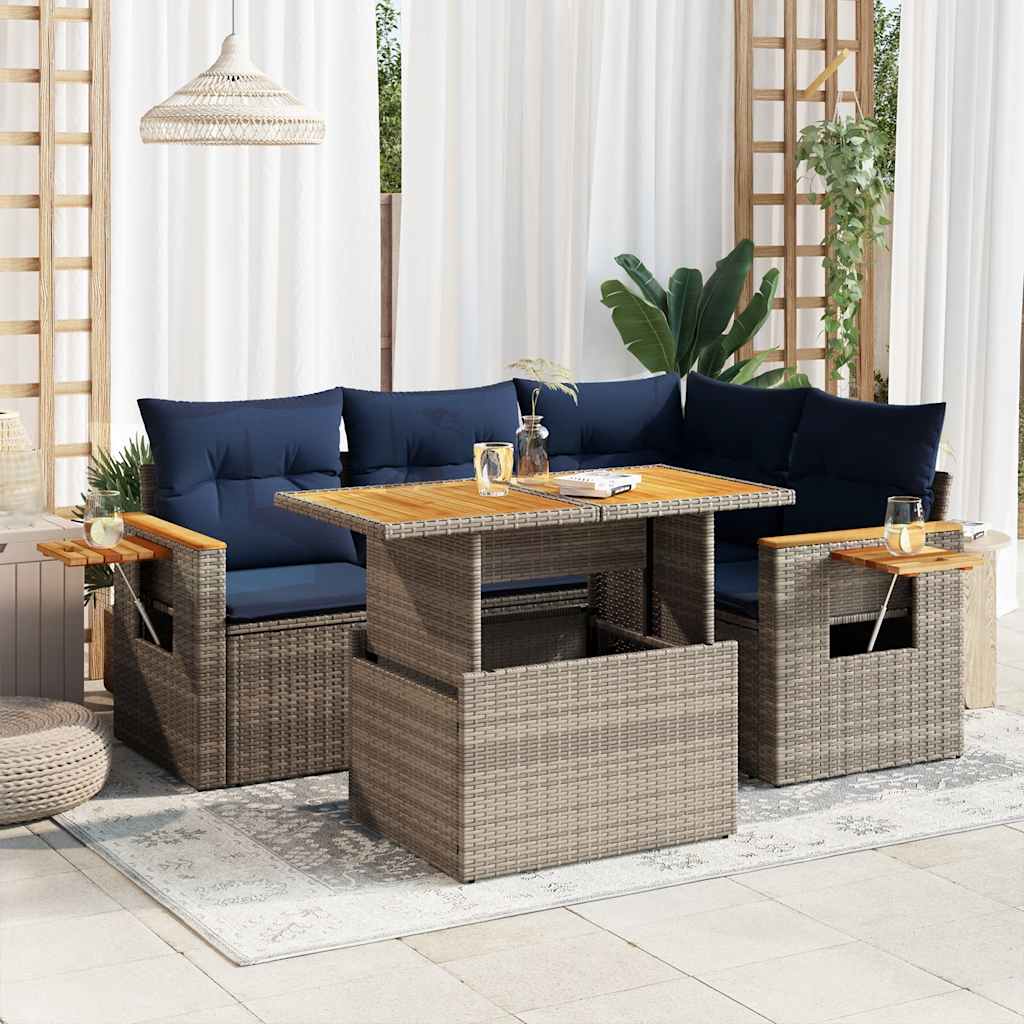 5 Piece Garden Sofa Set with Cushions Grey Poly Rattan Acacia