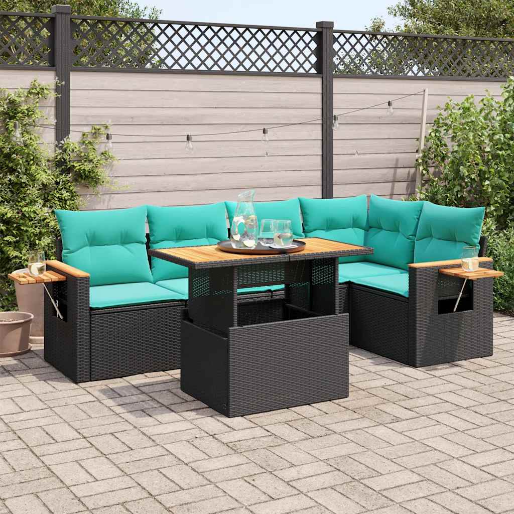 6 Piece Garden Sofa Set with Cushions Black Poly Rattan Acacia