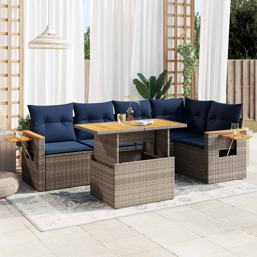 6 Piece Garden Sofa Set with Cushions Grey Poly Rattan Acacia