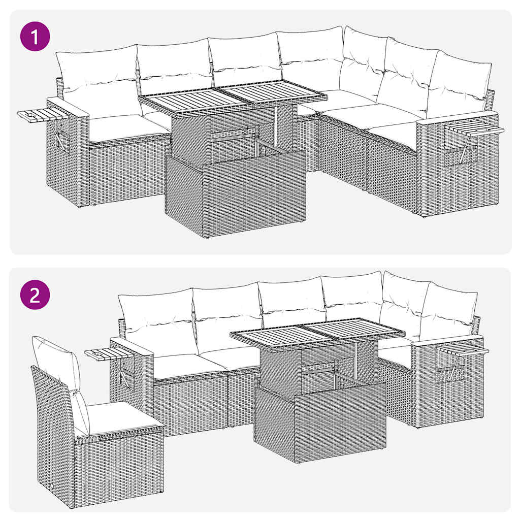 7 Piece Garden Sofa Set with Cushions Grey Poly Rattan Acacia