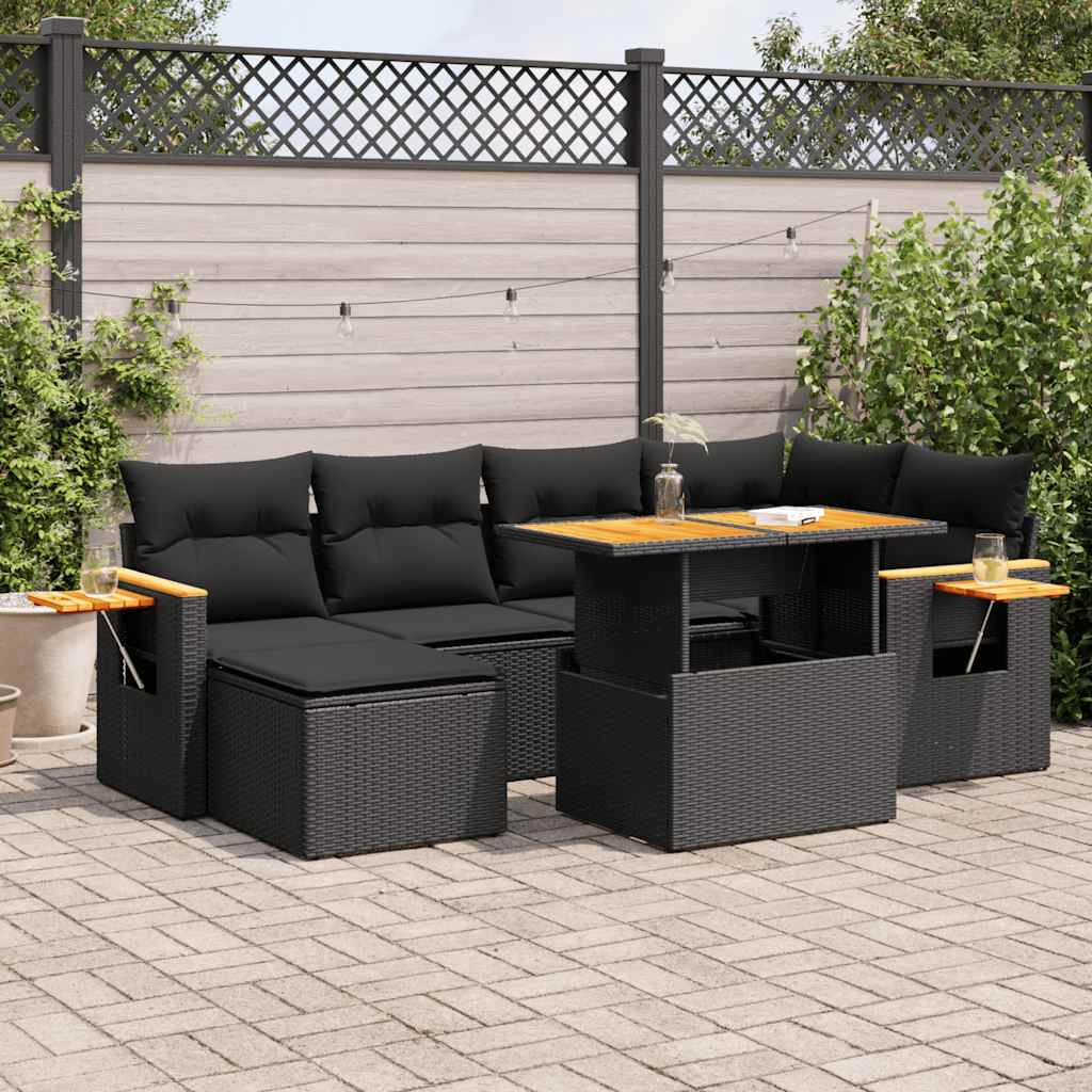 7 Piece Garden Sofa Set with Cushions Black Poly Rattan Acacia