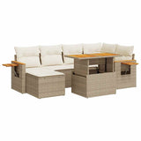 7 Piece Garden Sofa Set with Cushions Beige Poly Rattan Acacia