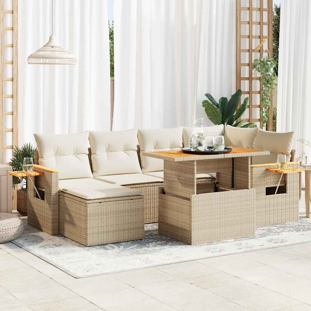 7 Piece Garden Sofa Set with Cushions Beige Poly Rattan Acacia