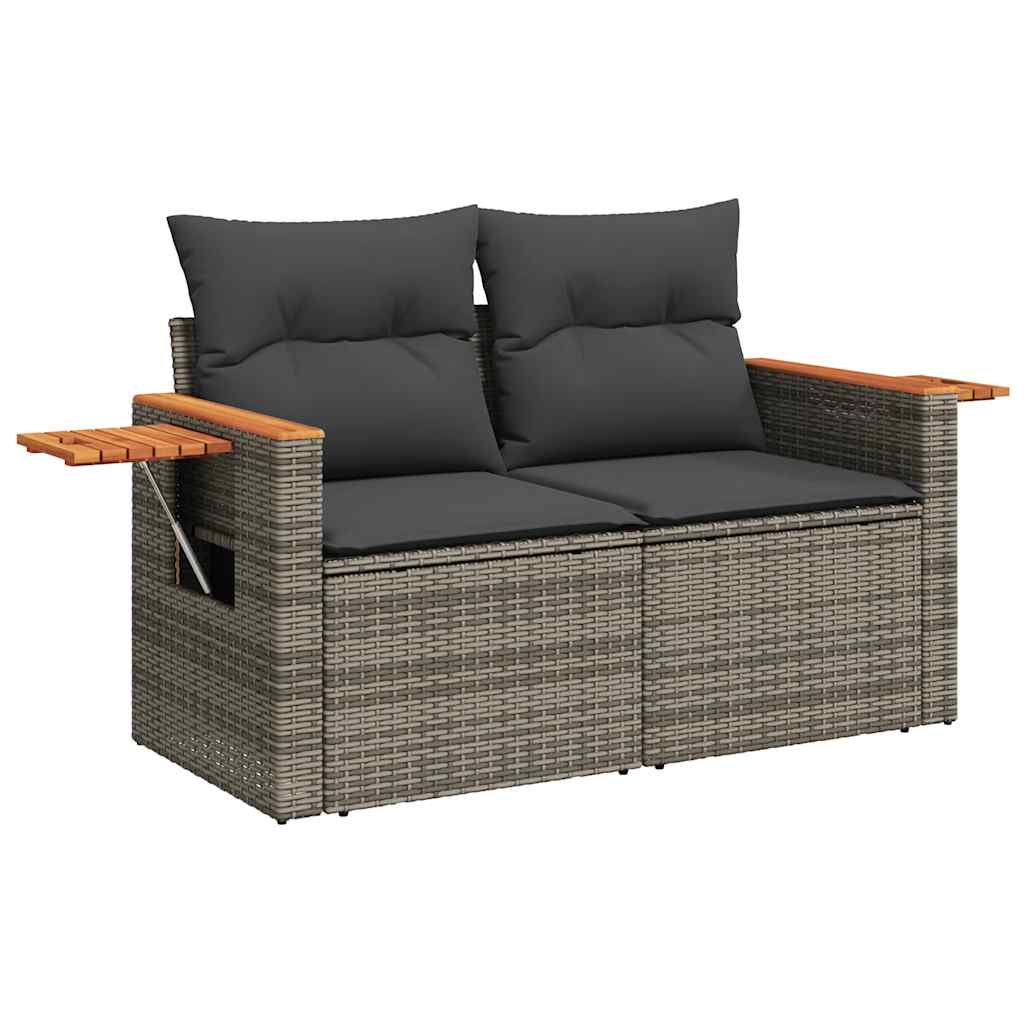 7 Piece Garden Sofa Set with Cushions Grey Poly Rattan Acacia