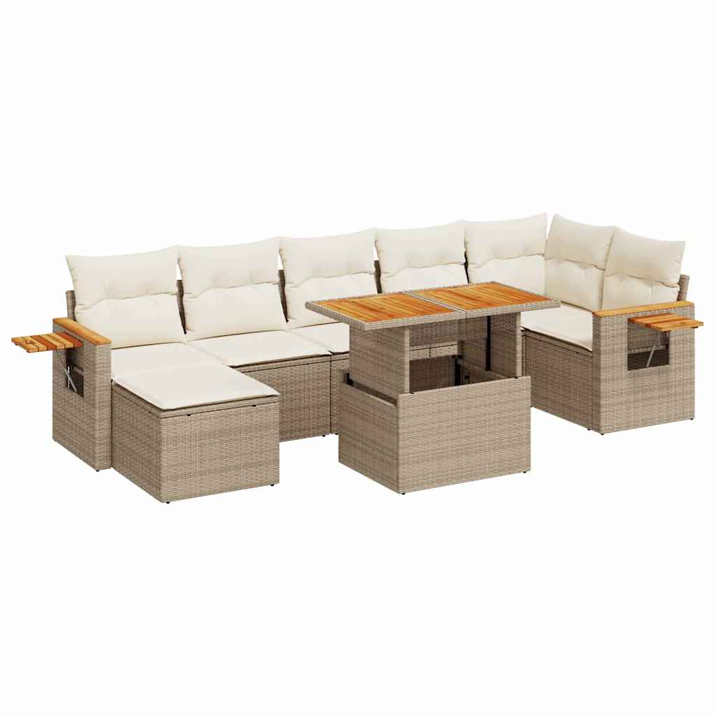 8 Piece Garden Sofa Set with Cushions Beige Poly Rattan Acacia