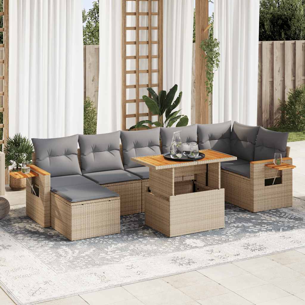 8 Piece Garden Sofa Set with Cushions Beige Poly Rattan Acacia