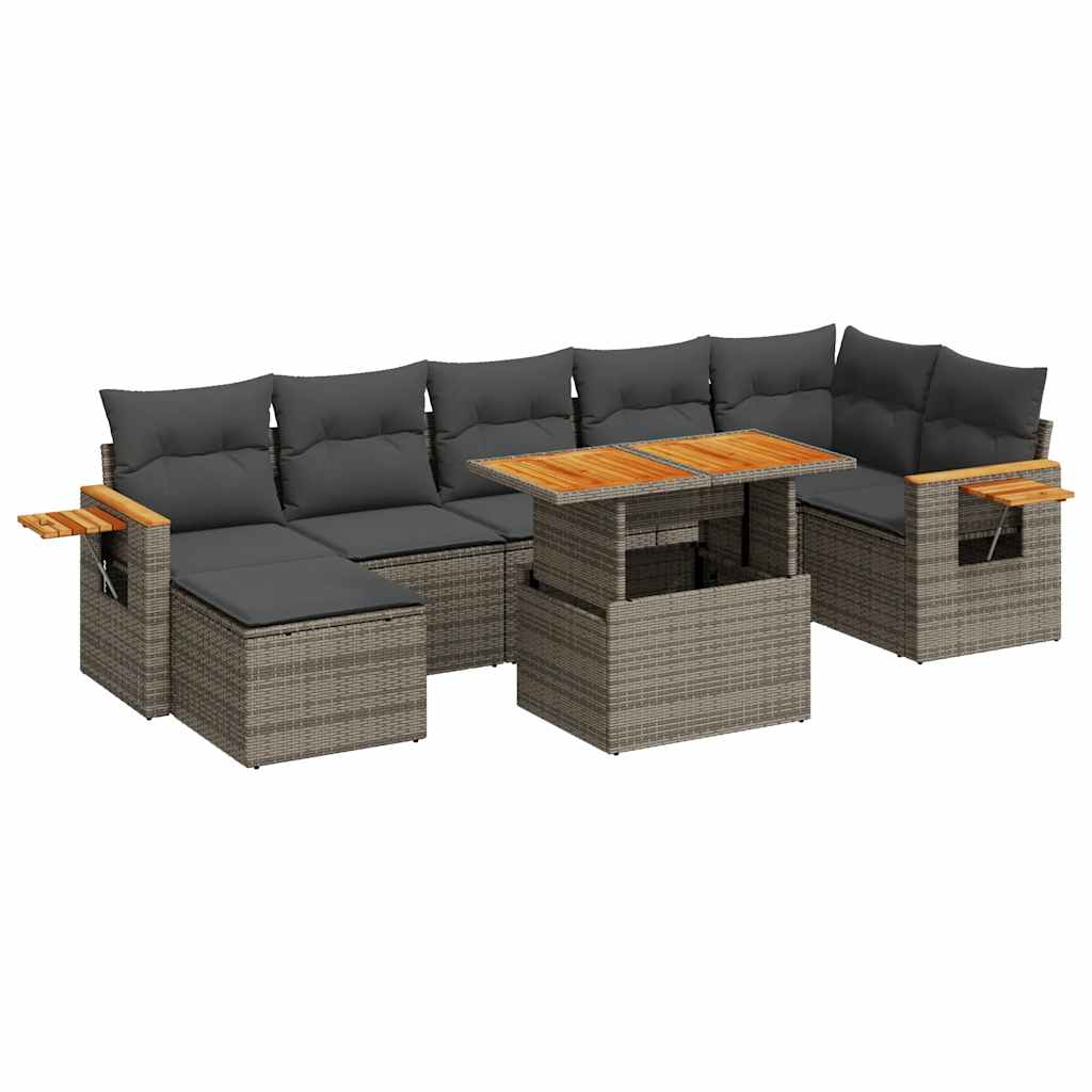 8 Piece Garden Sofa Set with Cushions Grey Poly Rattan Acacia