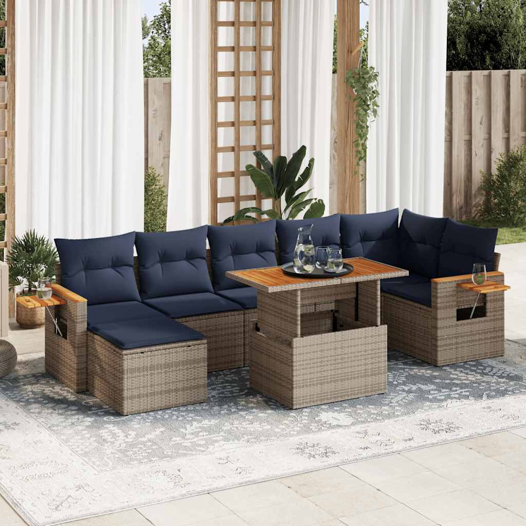 8 Piece Garden Sofa Set with Cushions Brown Poly Rattan Acacia
