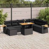 9 Piece Garden Sofa Set with Cushions Black Poly Rattan Acacia