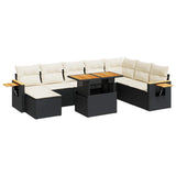 9 Piece Garden Sofa Set with Cushions Black Poly Rattan Acacia