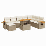 9 Piece Garden Sofa Set with Cushions Beige Poly Rattan Acacia