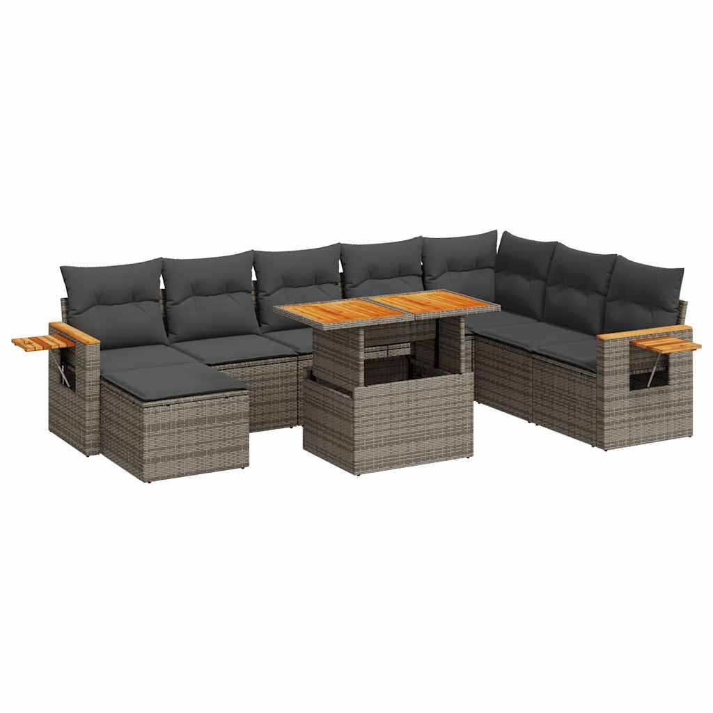 9 Piece Garden Sofa Set with Cushions Grey Poly Rattan Acacia