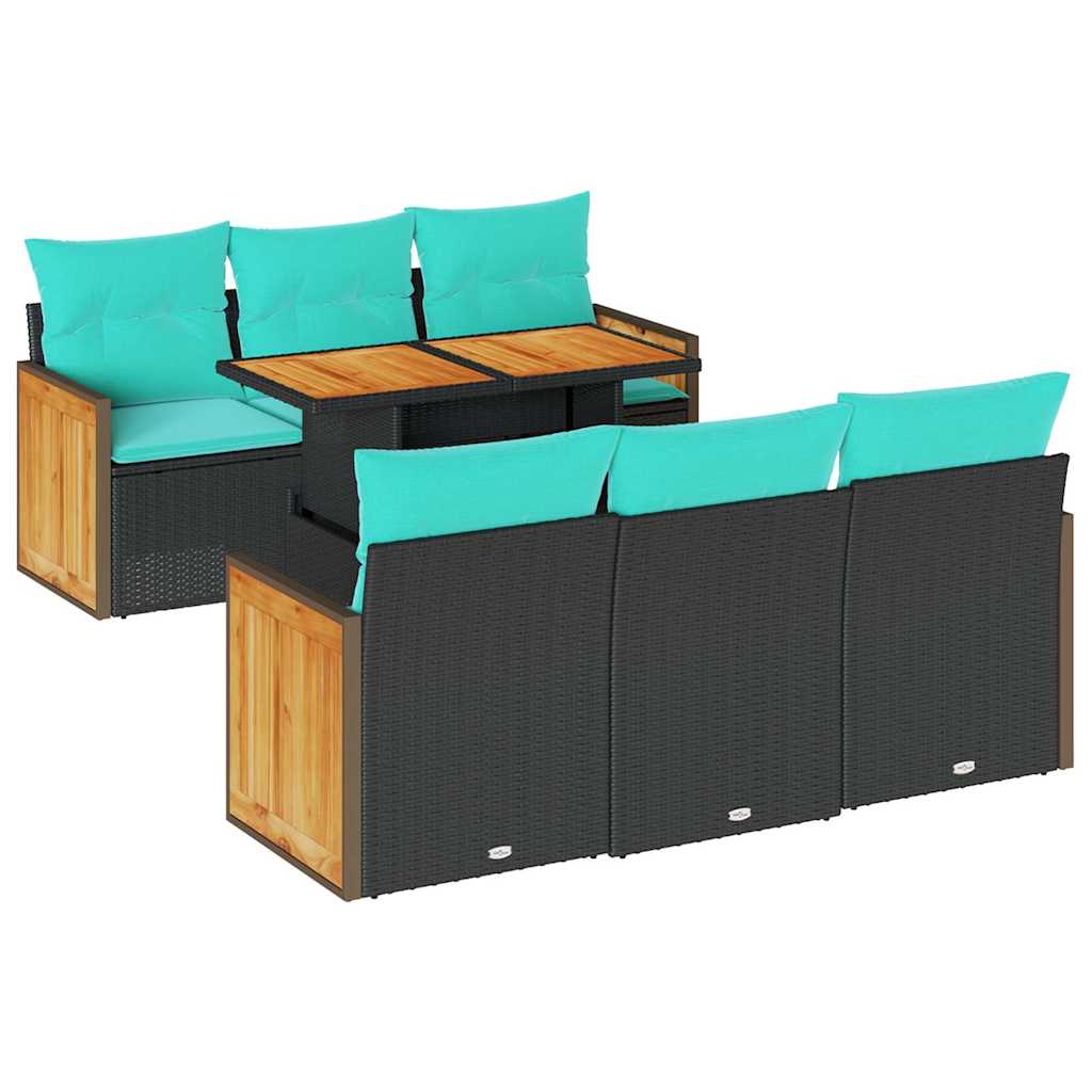 7 Piece Garden Sofa Set with Cushions Black Poly Rattan Acacia