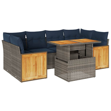 7 Piece Garden Sofa Set with Cushions Grey Poly Rattan Acacia