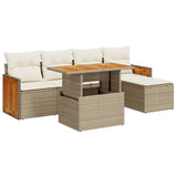 6 Piece Garden Sofa Set with Cushions Beige Poly Rattan Acacia