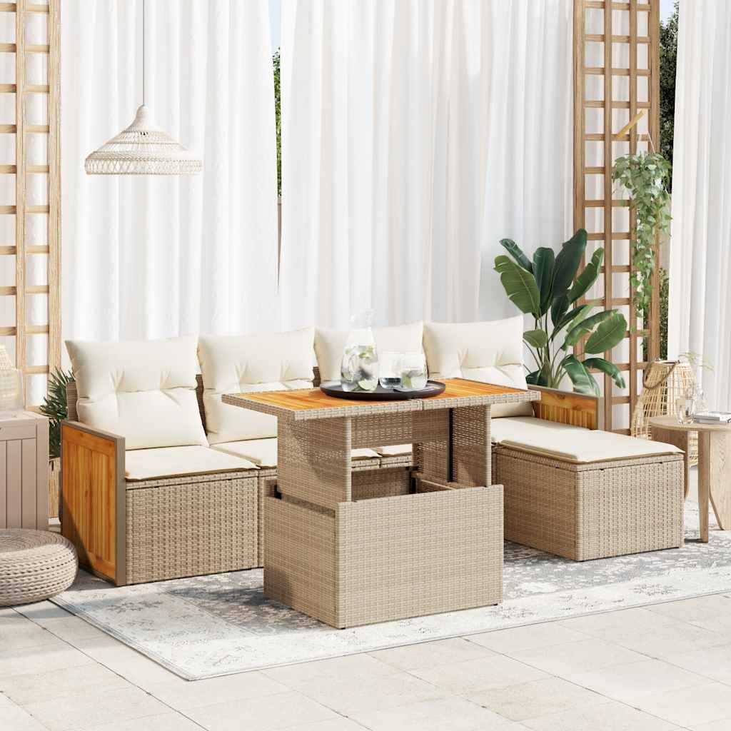 6 Piece Garden Sofa Set with Cushions Beige Poly Rattan Acacia