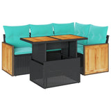 5 Piece Garden Sofa Set with Cushions Black Poly Rattan Acacia