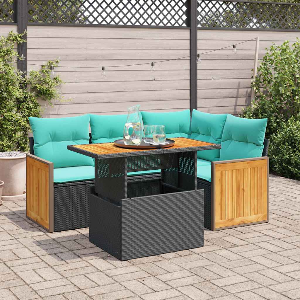 5 Piece Garden Sofa Set with Cushions Black Poly Rattan Acacia