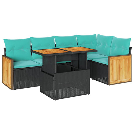 6 Piece Garden Sofa Set with Cushions Black Poly Rattan Acacia